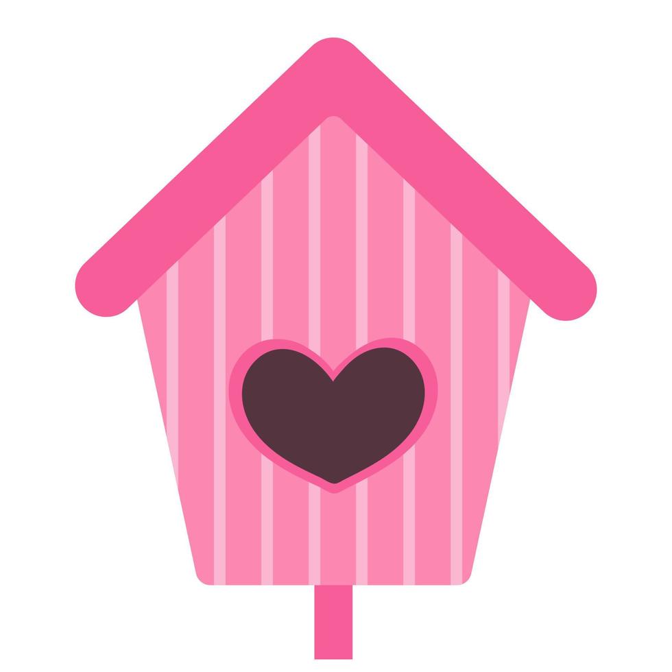casa degli uccelli rosa con finestra a forma di cuore, illustrazione carina in stile piatto cartone animato. concetto di primavera. mangiatoia per uccelli in legno. giornata degli uccelli, protezione della natura. artigianato in legno e chiodi vettore