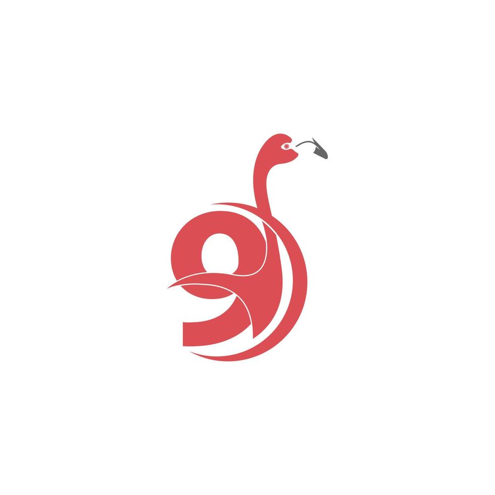 numero 9 con il vettore del logo dell'icona dell'uccello del fenicottero