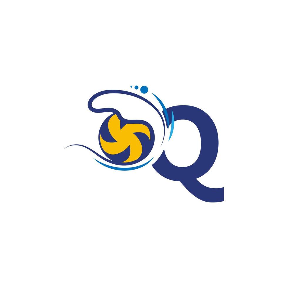 il logo della lettera q e la pallavolo colpiscono le onde dell'acqua vettore