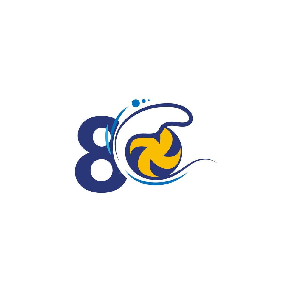 il logo numero 8 e la pallavolo colpiscono il vettore delle onde dell'acqua