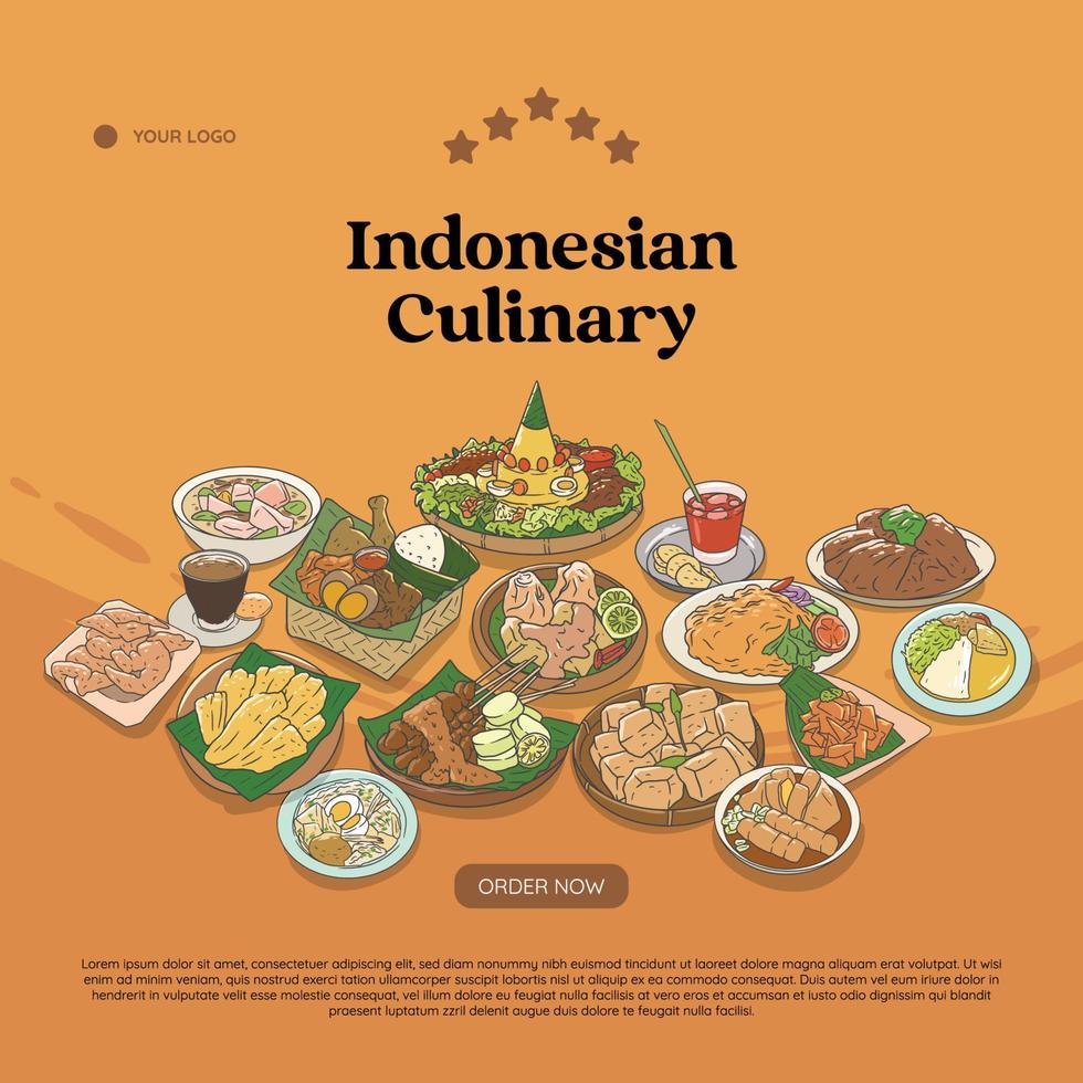 vettore disegnato a mano dell'illustrazione della cucina indonesiana. raccolta di set di cibo indonesiano per lo sfondo