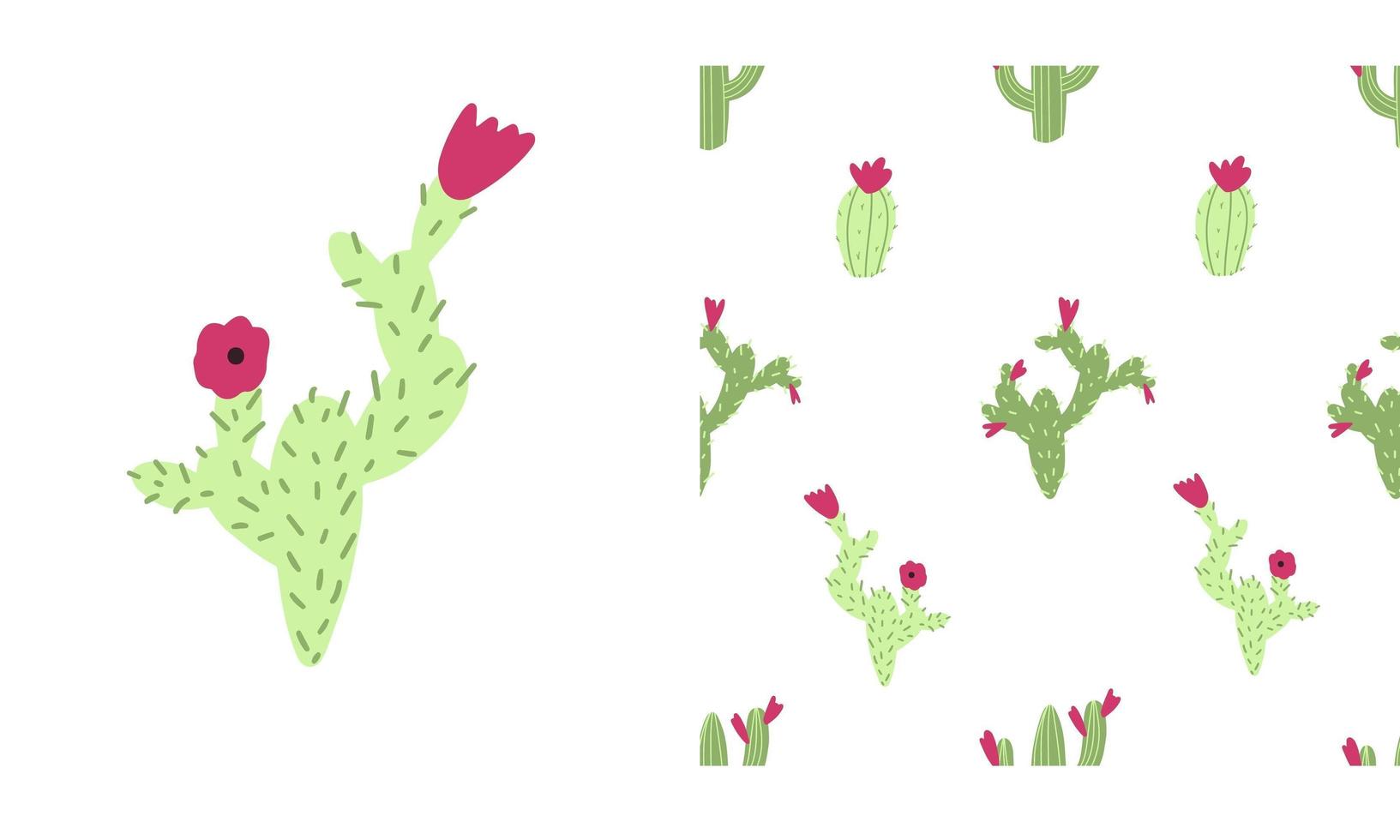 Reticolo senza giunte del cactus su priorità bassa bianca. illustrazione infantile della scuola materna in stile cartone animato disegnato a mano con cactus e fiori colorati vettore