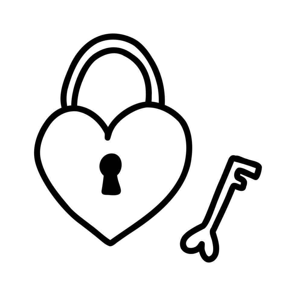illustrazione vettoriale di disegno a mano doodle lucchetto a forma di cuore con chiave. sagoma di inchiostro nero su sfondo bianco