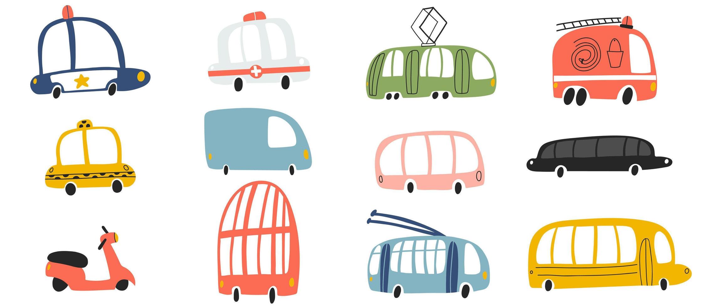 illustrazione vettoriale di tram, minibus, taxi, ambulanza, trolley, scooter, autobus passeggeri, camion motore, auto della polizia, scuolabus, limousine, due piani in stile cartone animato disegnato a mano