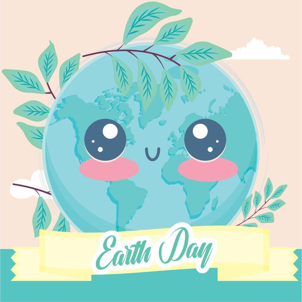 illustrazione kawaii del giorno della terra. cartone animato felice pianeta terra con foglie - vettore