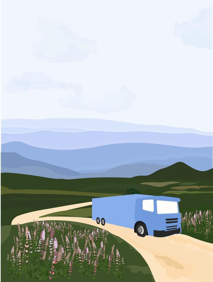 camion che guida sull'illustrazione delle azione di vettore della strada. bellissimo paesaggio, cielo blu, prato, colline, montagne nebbiose. una cartolina per un logista. il veicolo. estate. auto.