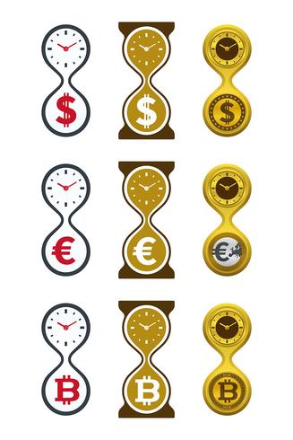Icone a forma di clessidra con valute vettore