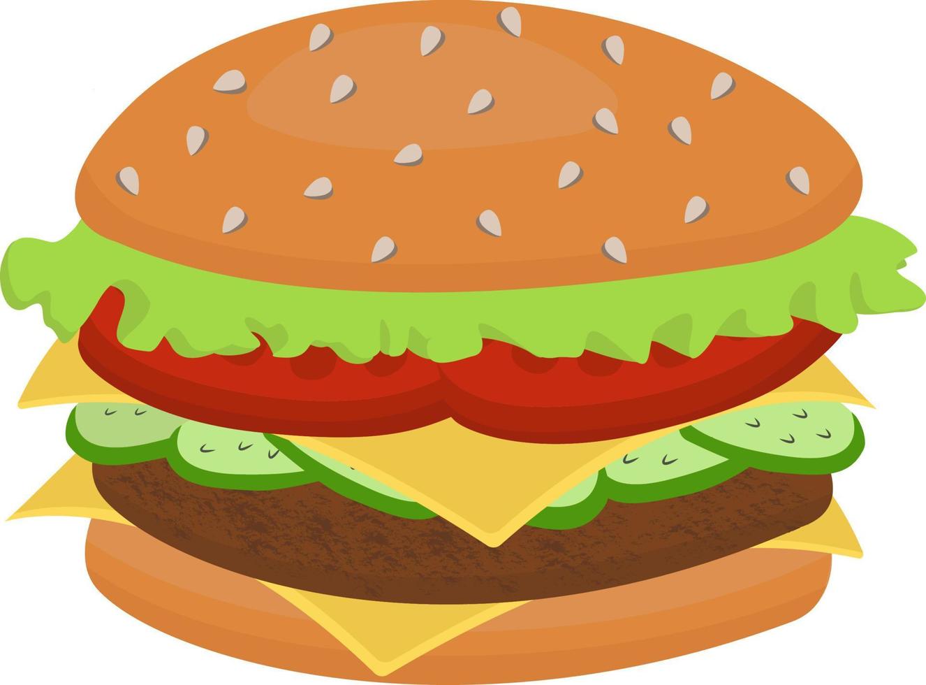illustrazione di un hamburger stilizzato o cheeseburger. cibo veloce. isolato su uno sfondo bianco. cartone animato delizioso grande hamburger con formaggio e semi di sesamo, isolato su uno sfondo bianco. vettore