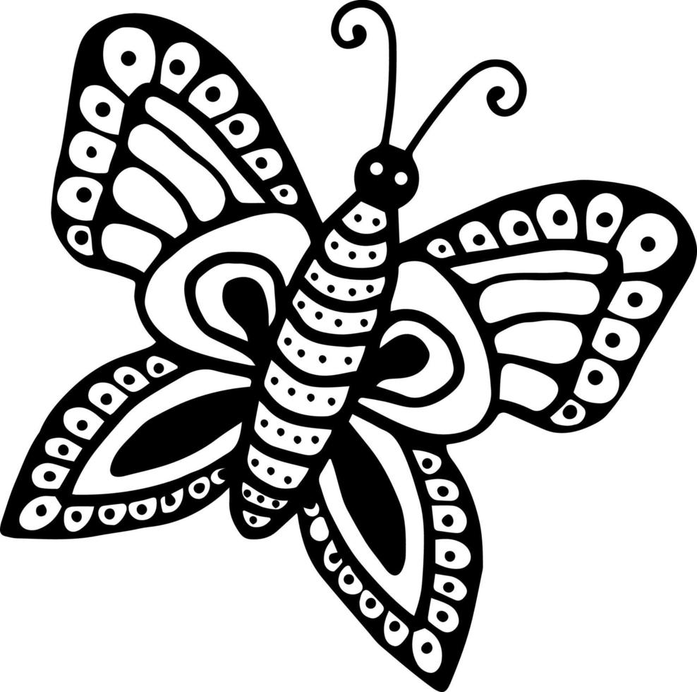illustrazione vettoriale di una farfalla in bianco e nero decorativa stilizzata. un'idea per un logo, illustrazioni di moda, riviste, stampa su vestiti, pubblicità, schizzi di tatuaggi o mehendi.