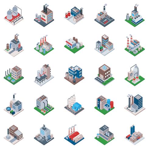 Icone isometriche dei fabbricati industriali vettore