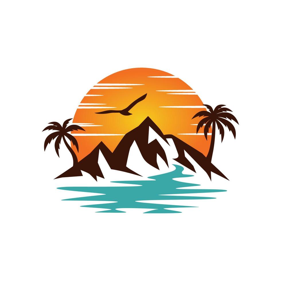 logo del paesaggio dell'isola della spiaggia. vettore di progettazione del logo della spiaggia. logo spiaggia all'aperto estate viaggio sole stock vettore