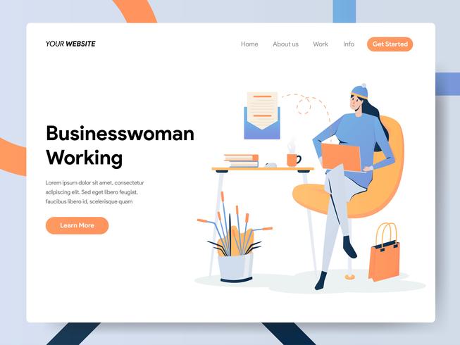 Modello della pagina di destinazione di Businesswoman Working on Desk vettore