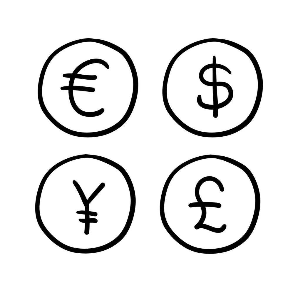 illustrazione vettoriale di denaro e valuta icone. su sfondo bianco con cartone animato in stile doodle disegnato a mano