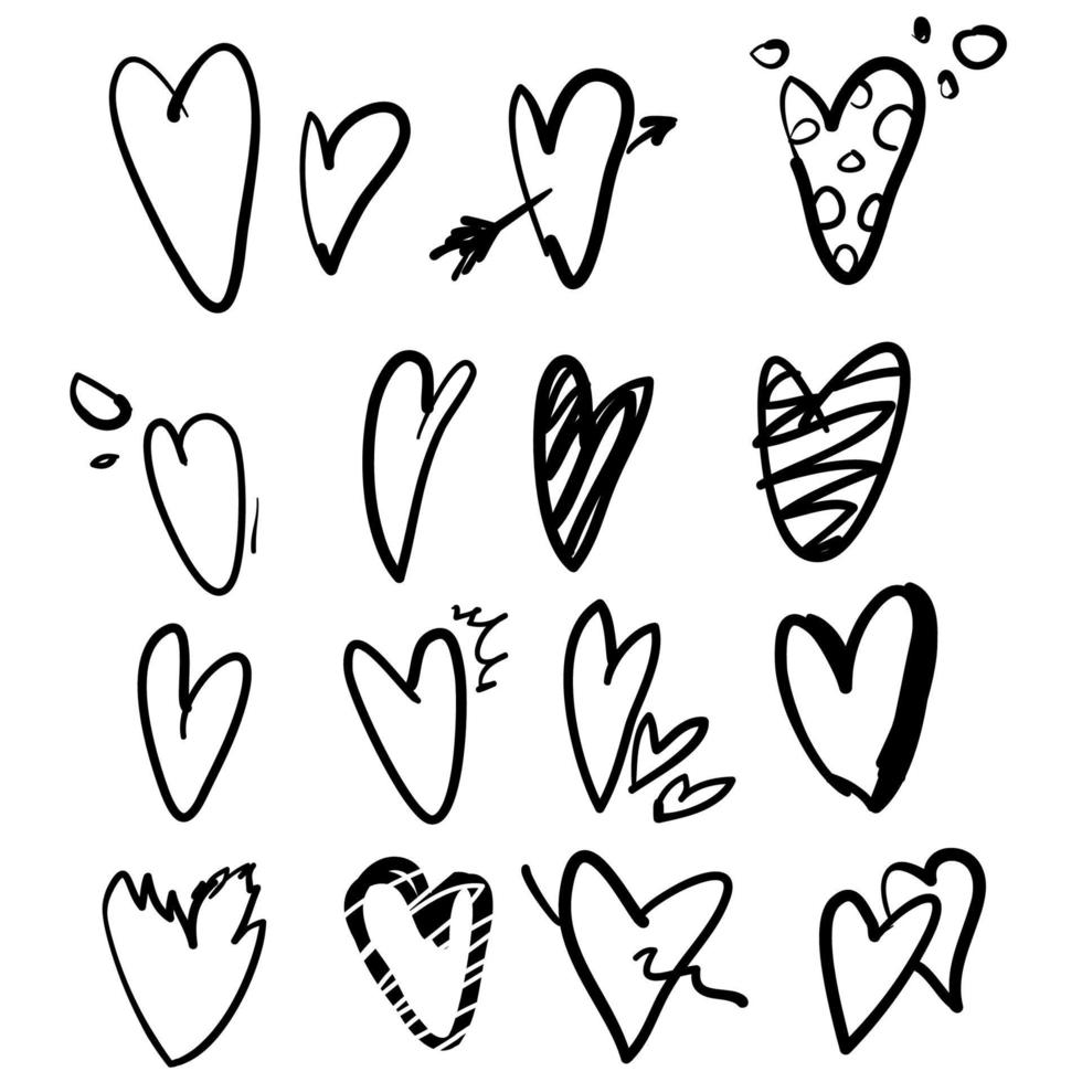 set di raccolta di icone del cuore di doodle disegnato a mano per sito Web, poster, cartello, carta da parati e San Valentino. vettore
