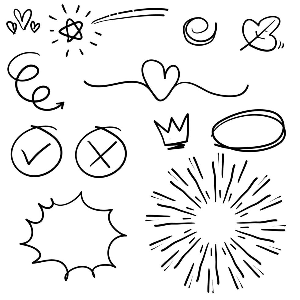 doodle set di elementi, nero su sfondo bianco. freccia, cuore, amore, stella, foglia, sole, luce, fiore, margherita, corona, re, regina, fruscii, picchi, enfasi, vortice, vettore di stile del fumetto di arte di heart.line