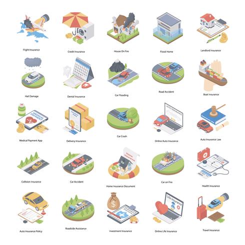 Icone isometriche di concetto di assicurazione vettore