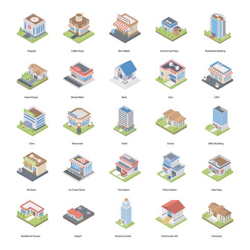 Pack di icone isometriche di edifici vettore