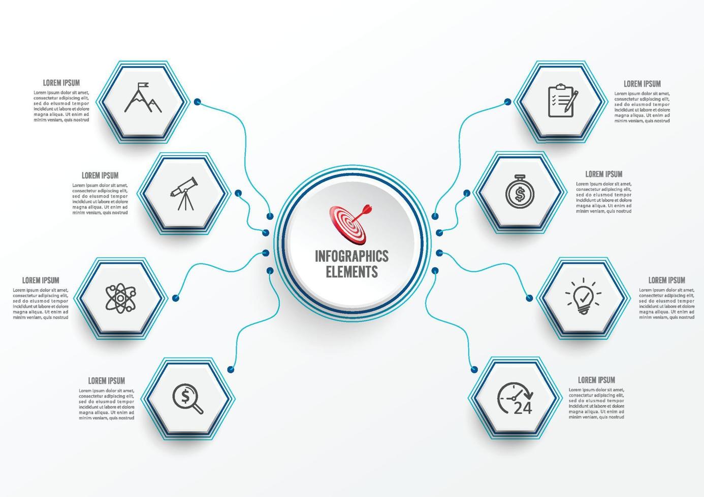 modello di infografica vettoriale con etichetta di carta 3d, cerchi integrati. concetto di affari con 8 opzioni. per contenuto, diagramma, diagramma di flusso, passaggi, parti, infografiche della sequenza temporale, flusso di lavoro, grafico.