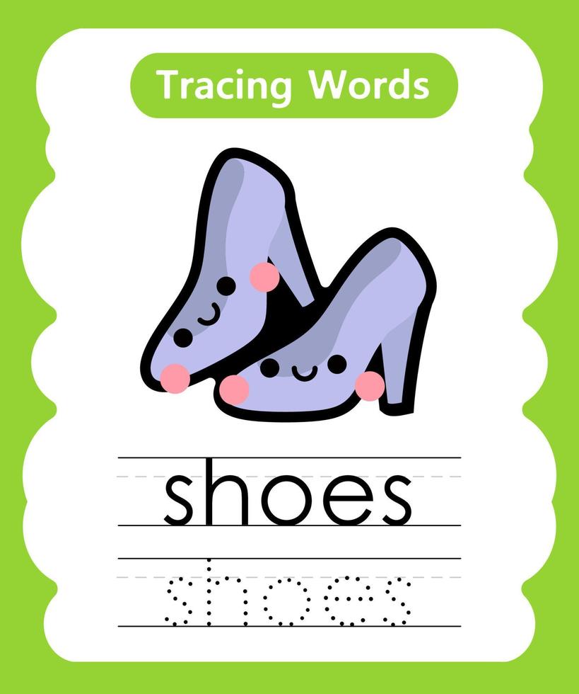 fogli di lavoro di parole di tracciamento in inglese con scarpe di vocabolario vettore