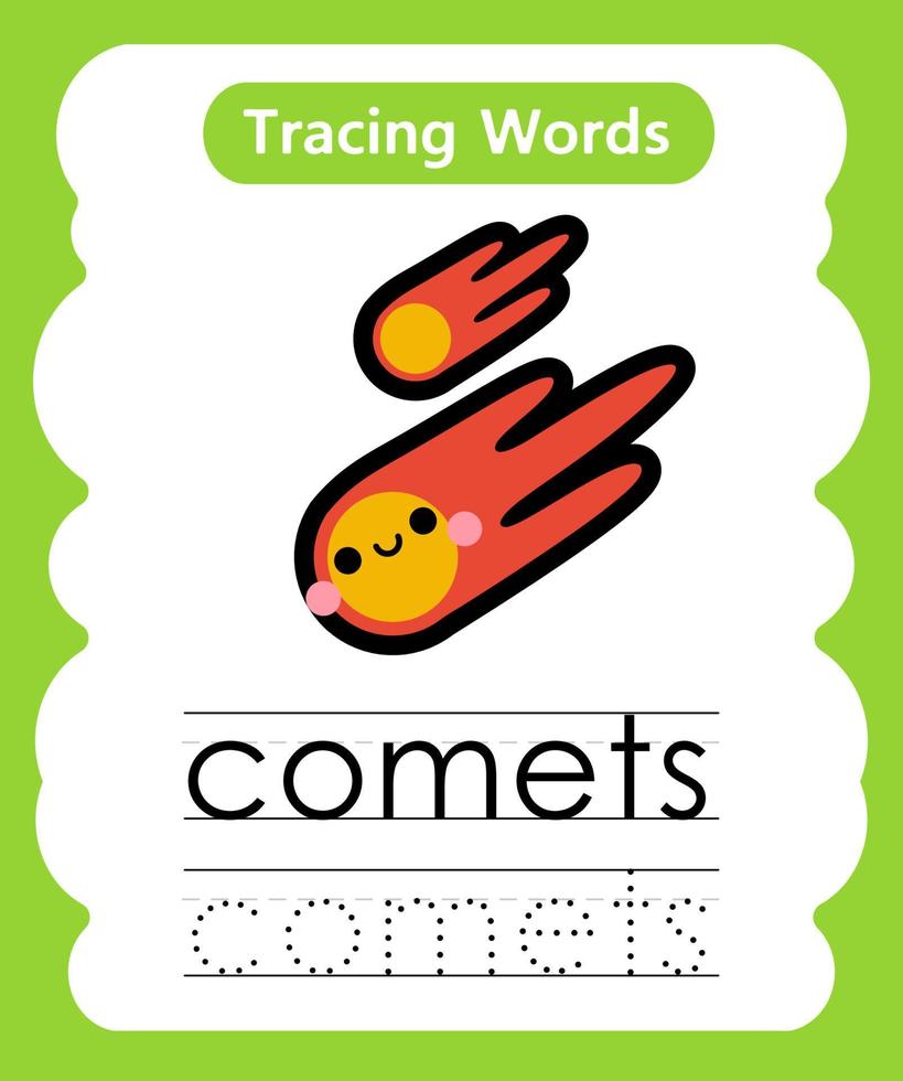 fogli di lavoro di parole di tracciamento in inglese con comete di vocabolario vettore