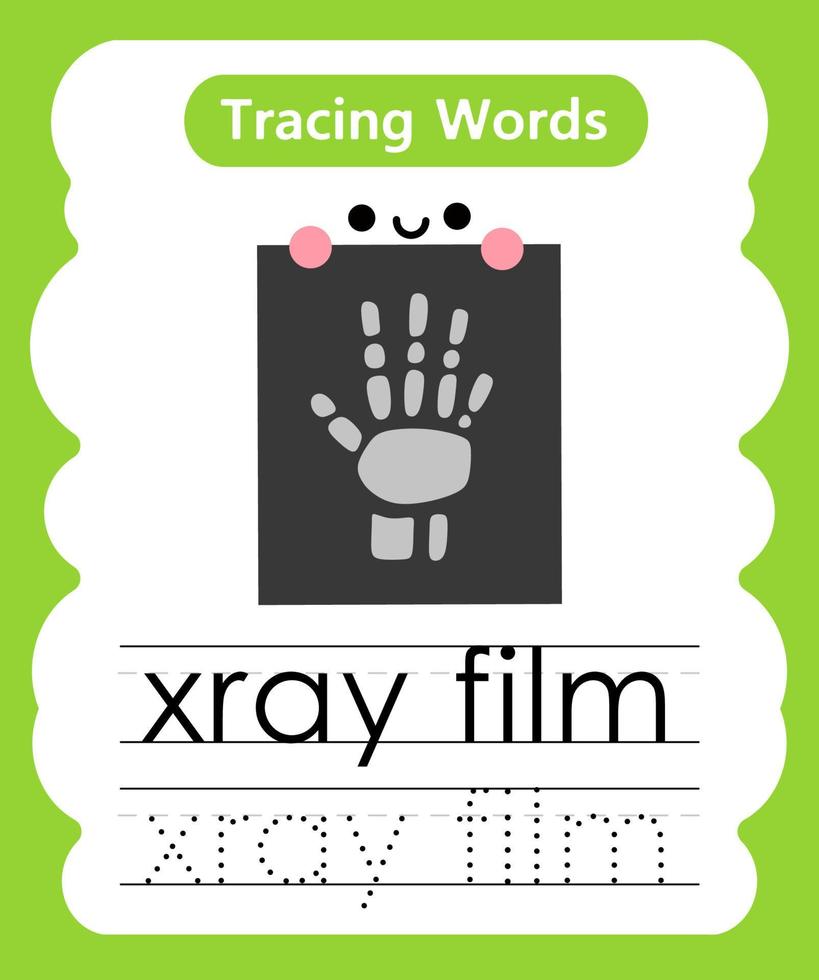 fogli di lavoro di parole di tracciamento in inglese con pellicola a raggi x del vocabolario vettore