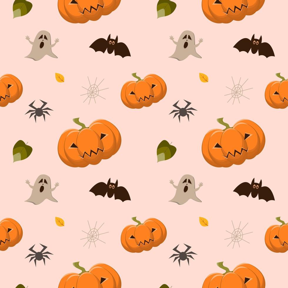 modello senza cuciture di halloween con zucche, pipistrello, fantasma, ragno, ragnatela. sfondo vettoriale in stile piatto.