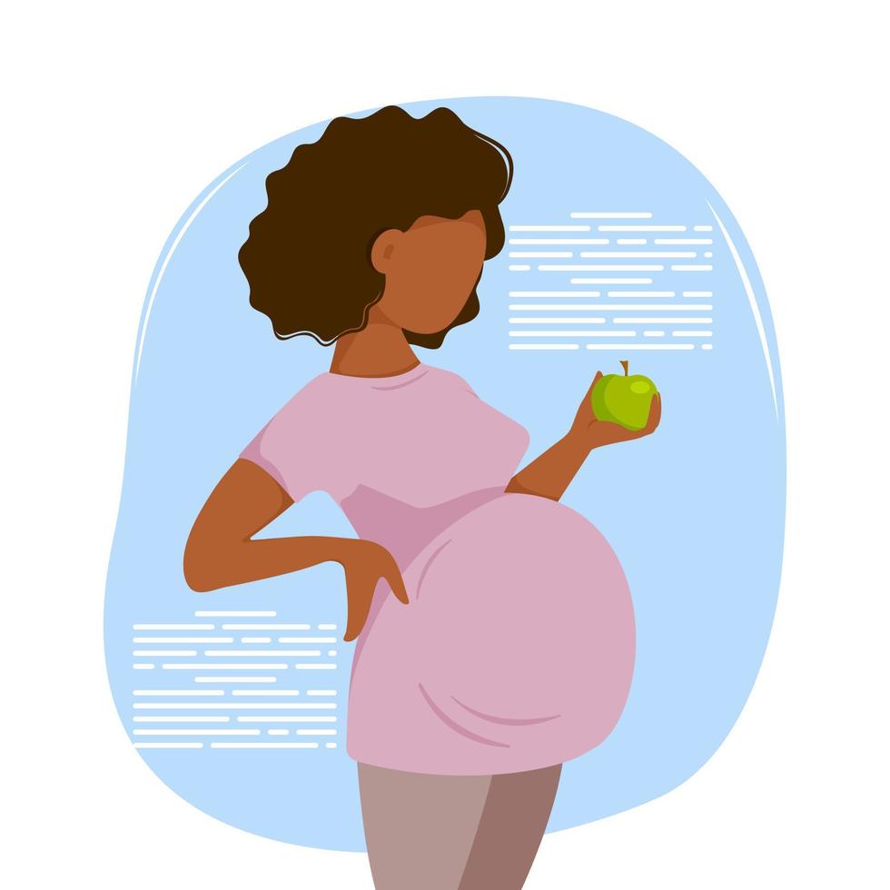 carino cartone animato donna incinta dalla pelle scura in pantaloni e una maglietta tiene una mela verde in mano. stile piatto. concetto di cibo sano durante la gravidanza. illustrazione vettoriale. vettore