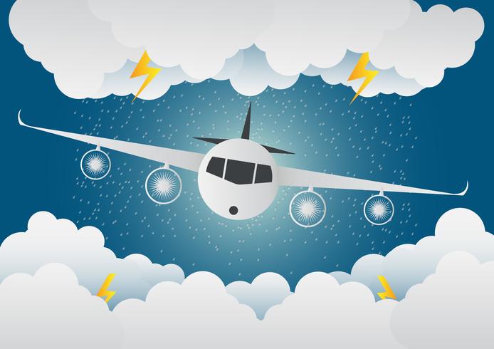 L&#39;aereo vola attraverso le nuvole con pioggia e fulmini vettore