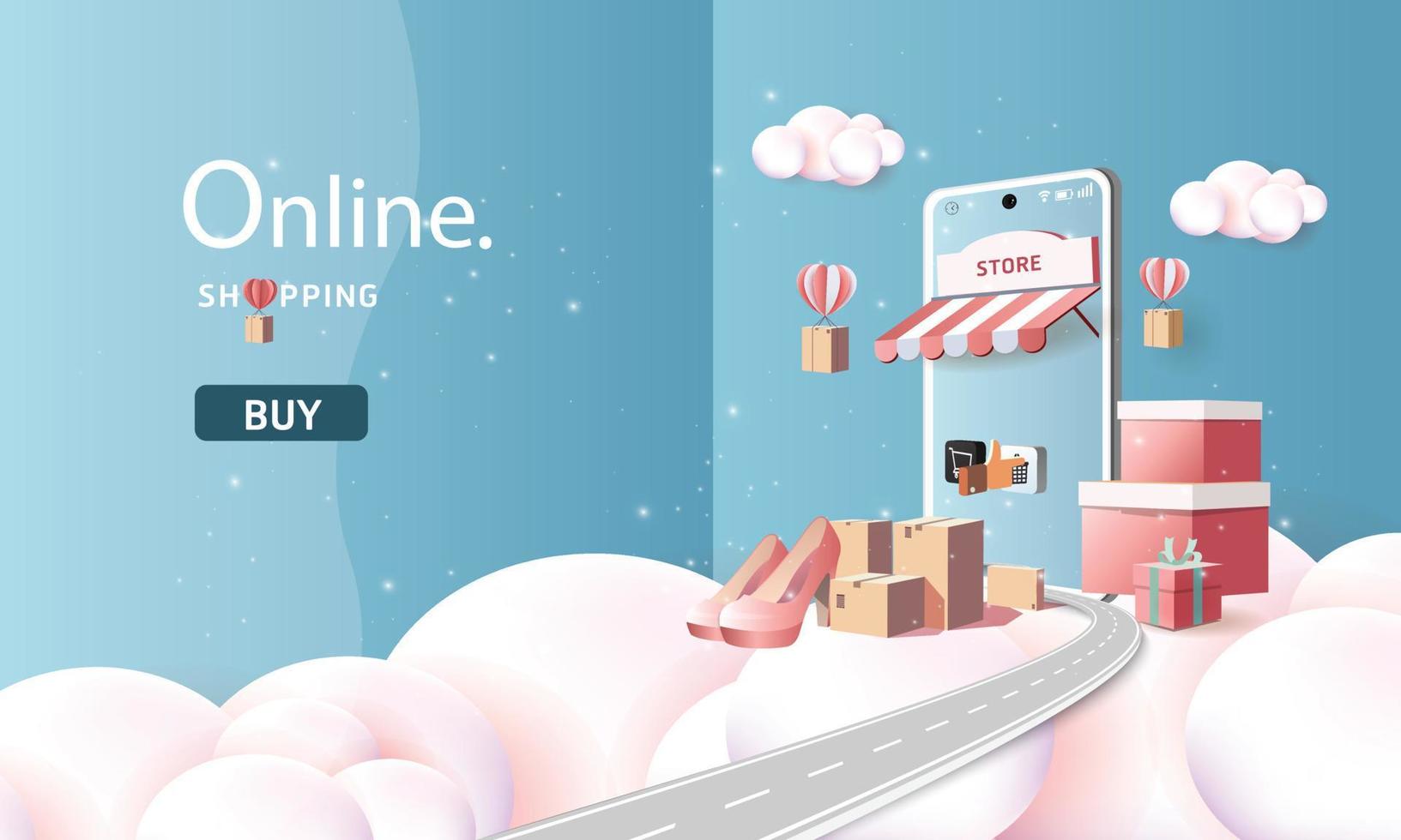 shopping online su smartphone e nuovo backgroud rosa di promozione della vendita di acquisto per il concetto di donne di e-commerce del mercato banner. vettore