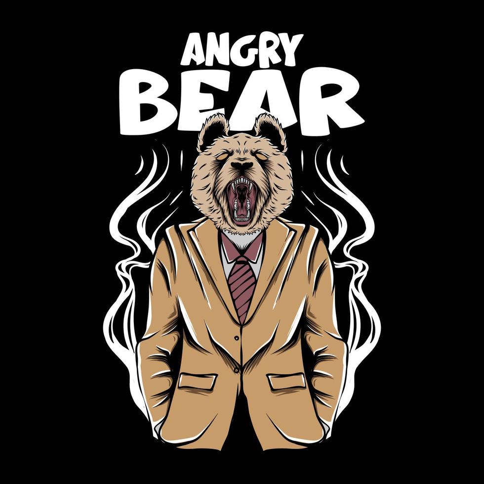 testa di orso uomo che indossa un abito con illustrazione di fumo e scritte di orso arrabbiato vettore
