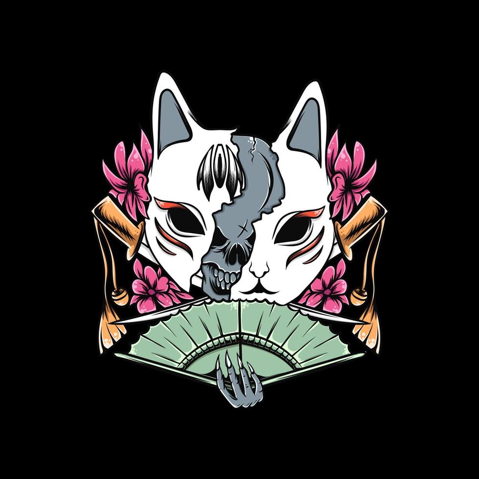 illustrazione della maschera kitsune con spada e fiore a ventaglio vettore