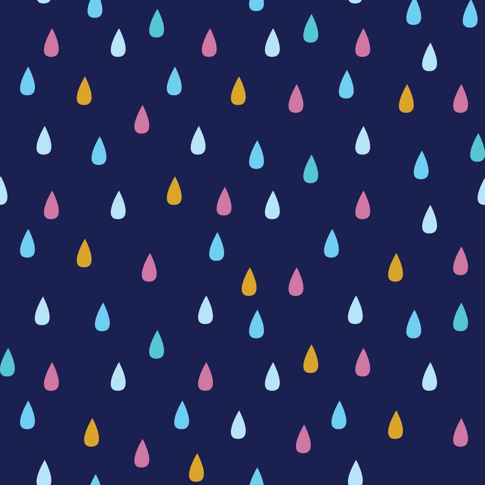 modello vettoriale senza cuciture con gocce di pioggia in blu, giallo e rosa su sfondo blu scuro.