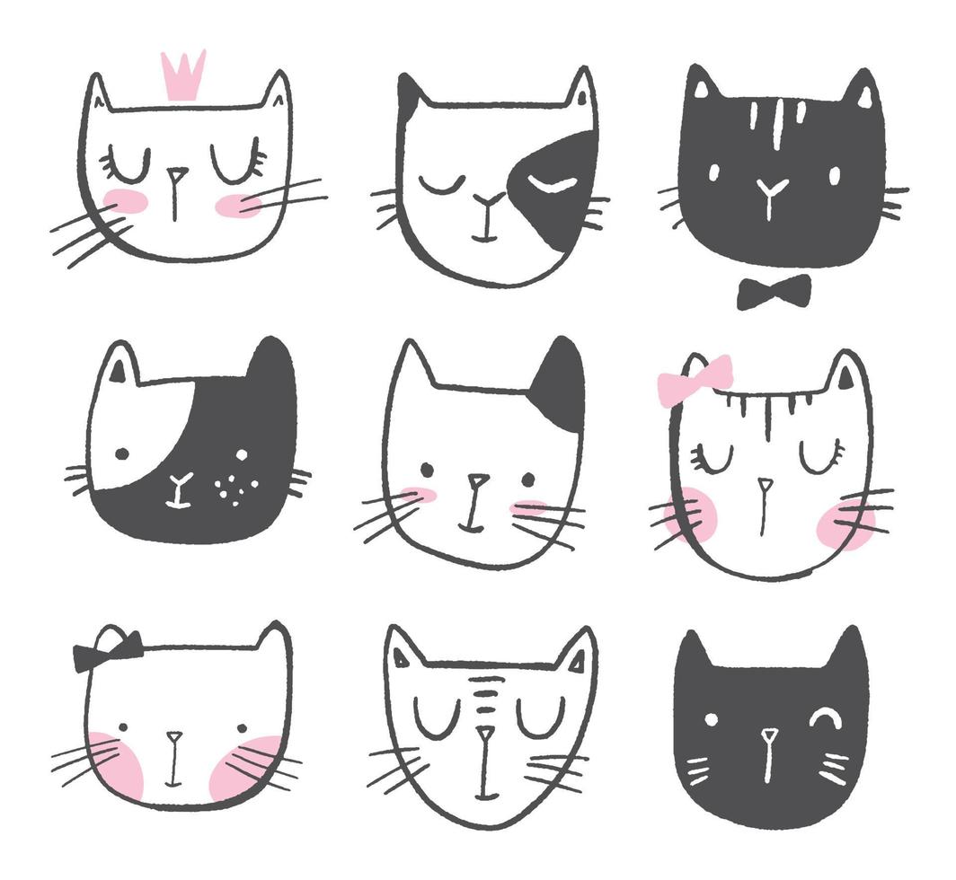 simpatici gatti in stile disegnato a mano. illustrazione di doodle di vettore dei bambini della ragazza.