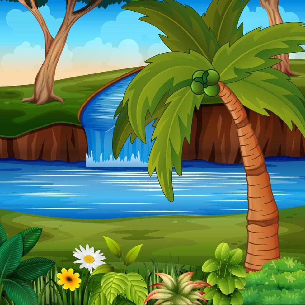 scena di sfondo con un fiume e un albero di cocco vettore