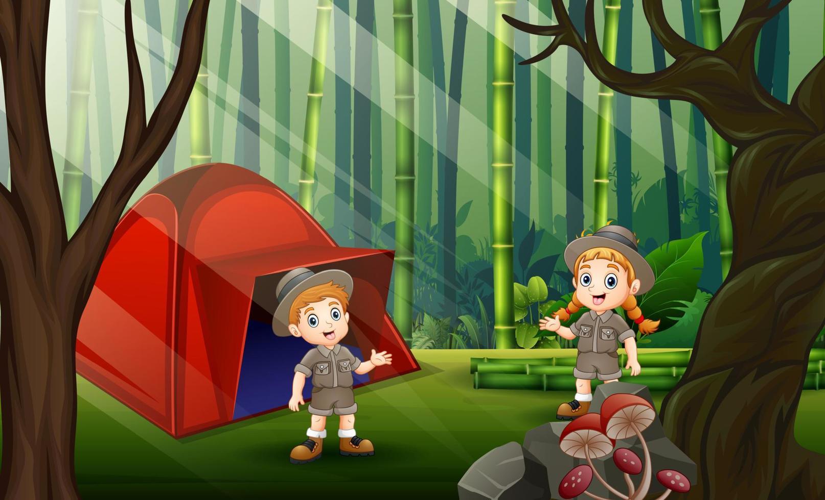 il ragazzo e la ragazza esploratori che si accampano nella foresta di bambù vettore