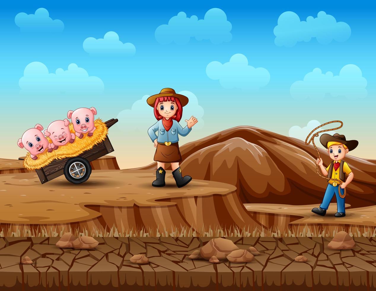cowboy e cowgirl che pascolano i maiali nel deserto vettore