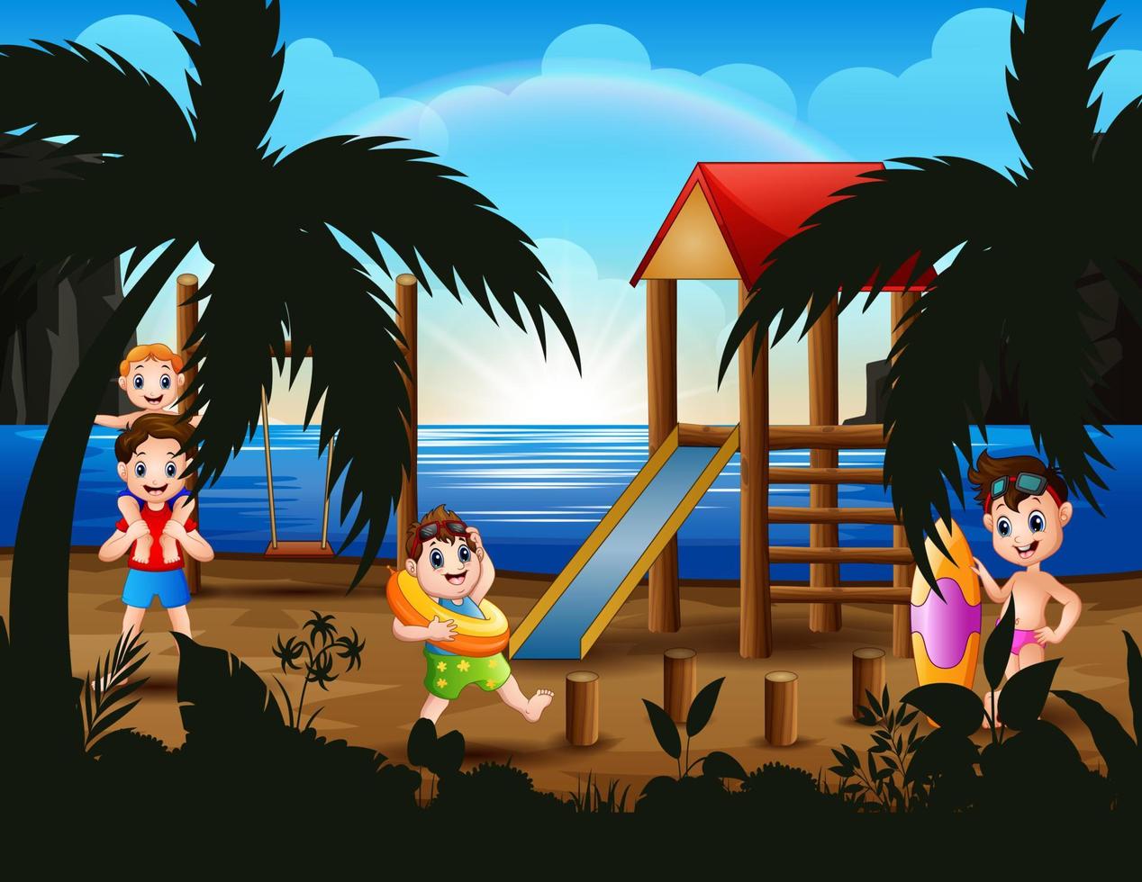 ragazzi felici di vacanza nell'illustrazione della spiaggia vettore