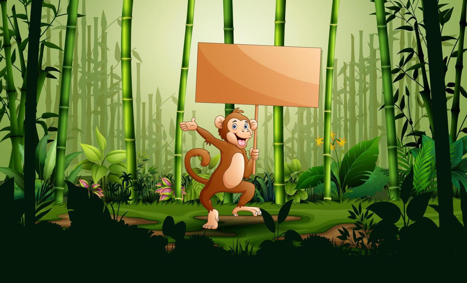cartone animato una scimmia con cartello in legno nel paesaggio della foresta di bambù vettore