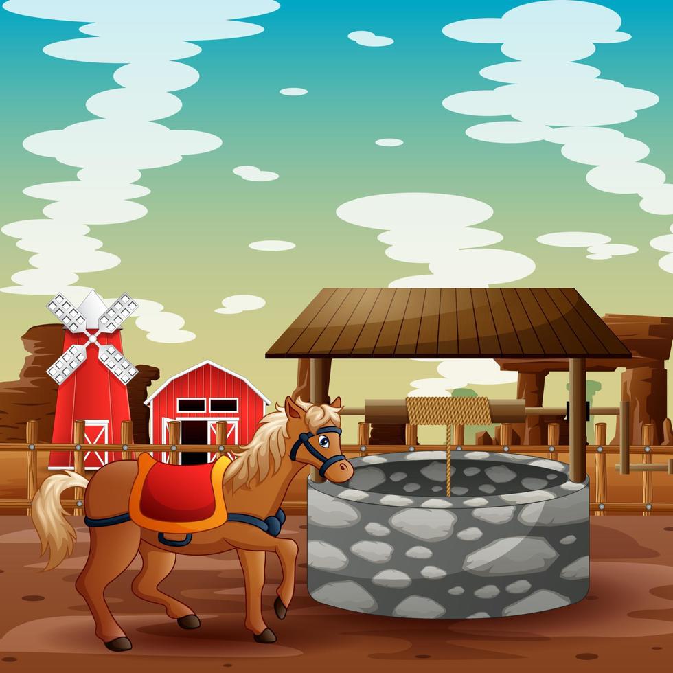 scena di sfondo della fattoria con un cavallo vicino al pozzo vettore