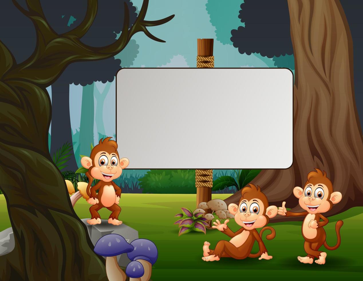 cartone animato tre di scimmie che si divertono nel parco vettore