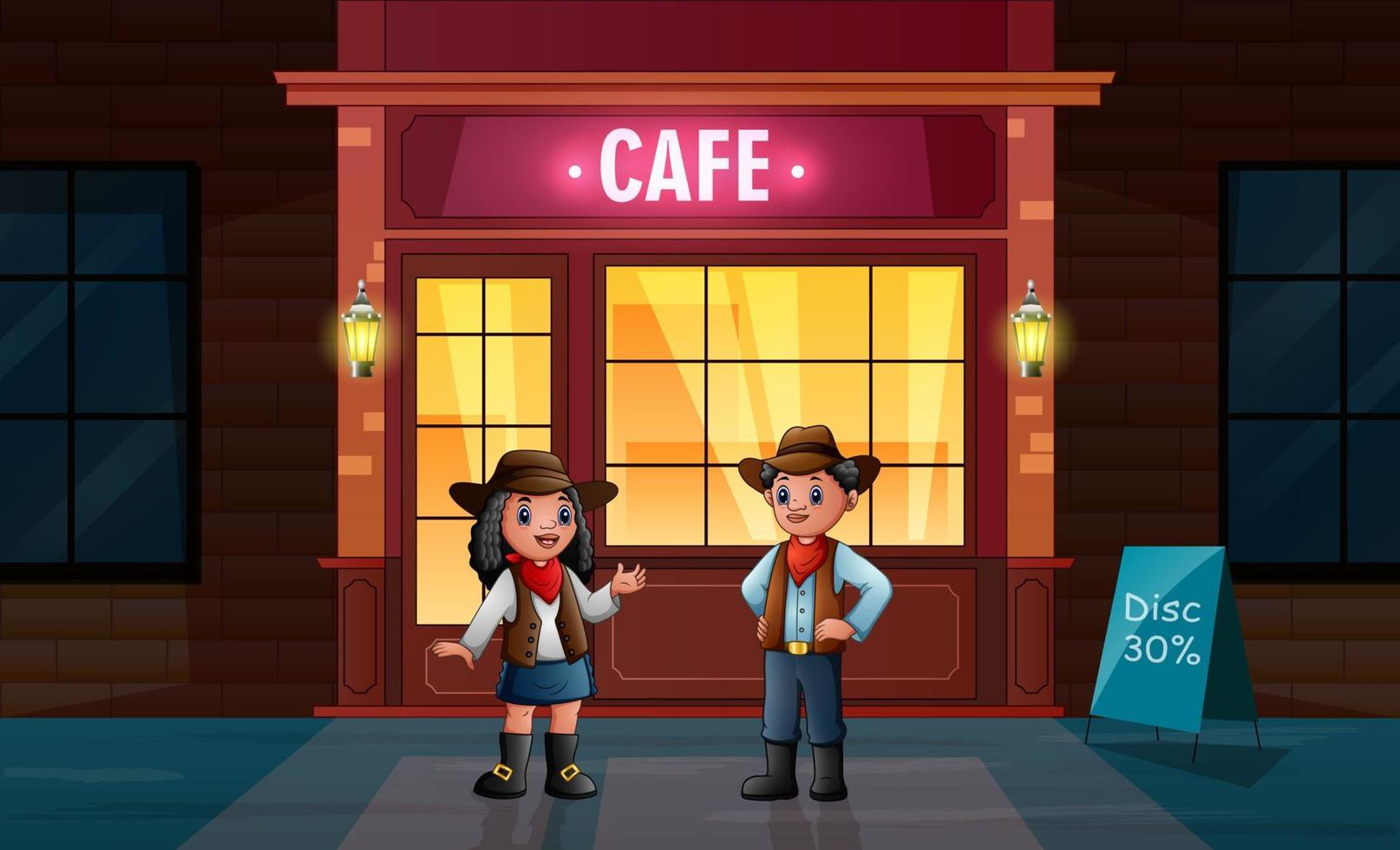 il cowboy africano e la cowgirl davanti al caffè vettore