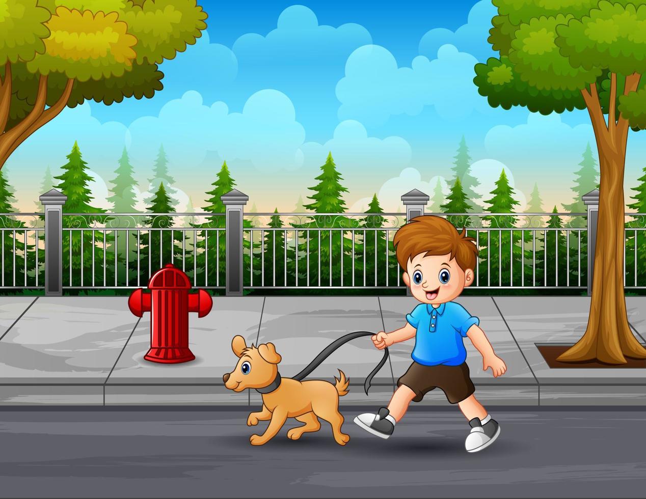 illustrazione di un ragazzo con un cane che cammina lungo la strada vettore