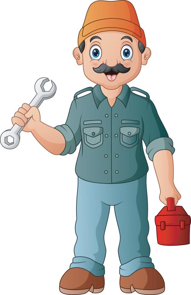 cartone animato un meccanico maschio che tiene una chiave inglese e una cassetta degli attrezzi vettore