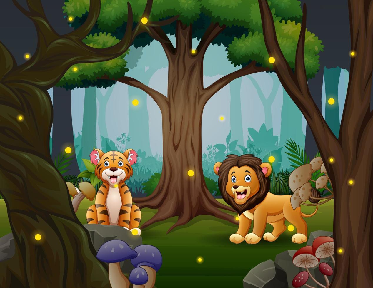 cartone animato una tigre e un leone che giocano nella bellissima foresta vettore