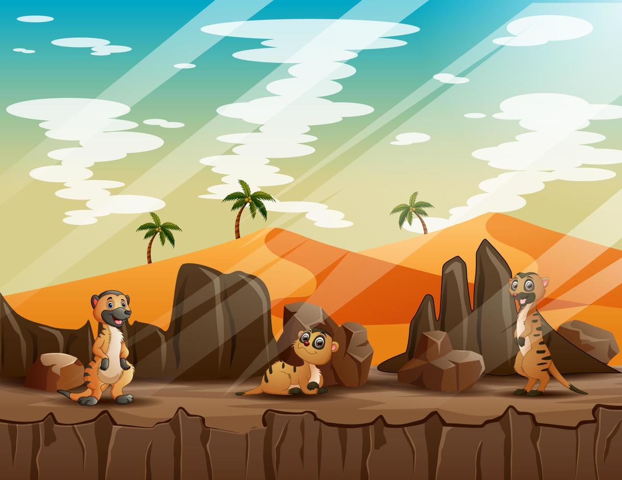 felici tre di suricati che giocano sulla scogliera vettore
