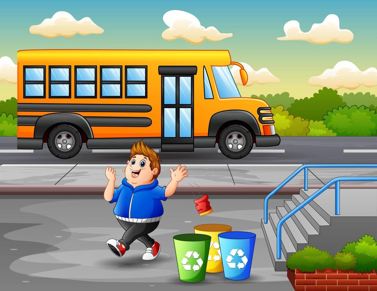 scena del parco con un ragazzo grasso che getta la spazzatura nella spazzatura vettore