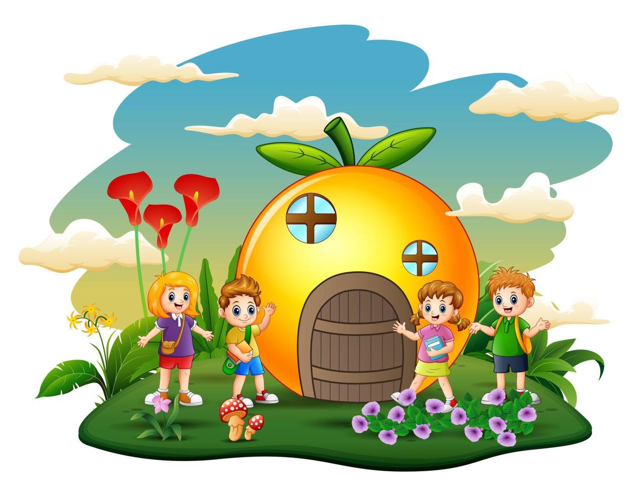 casa arancione con bambini della scuola in stile cartone animato su sfondo bianco vettore