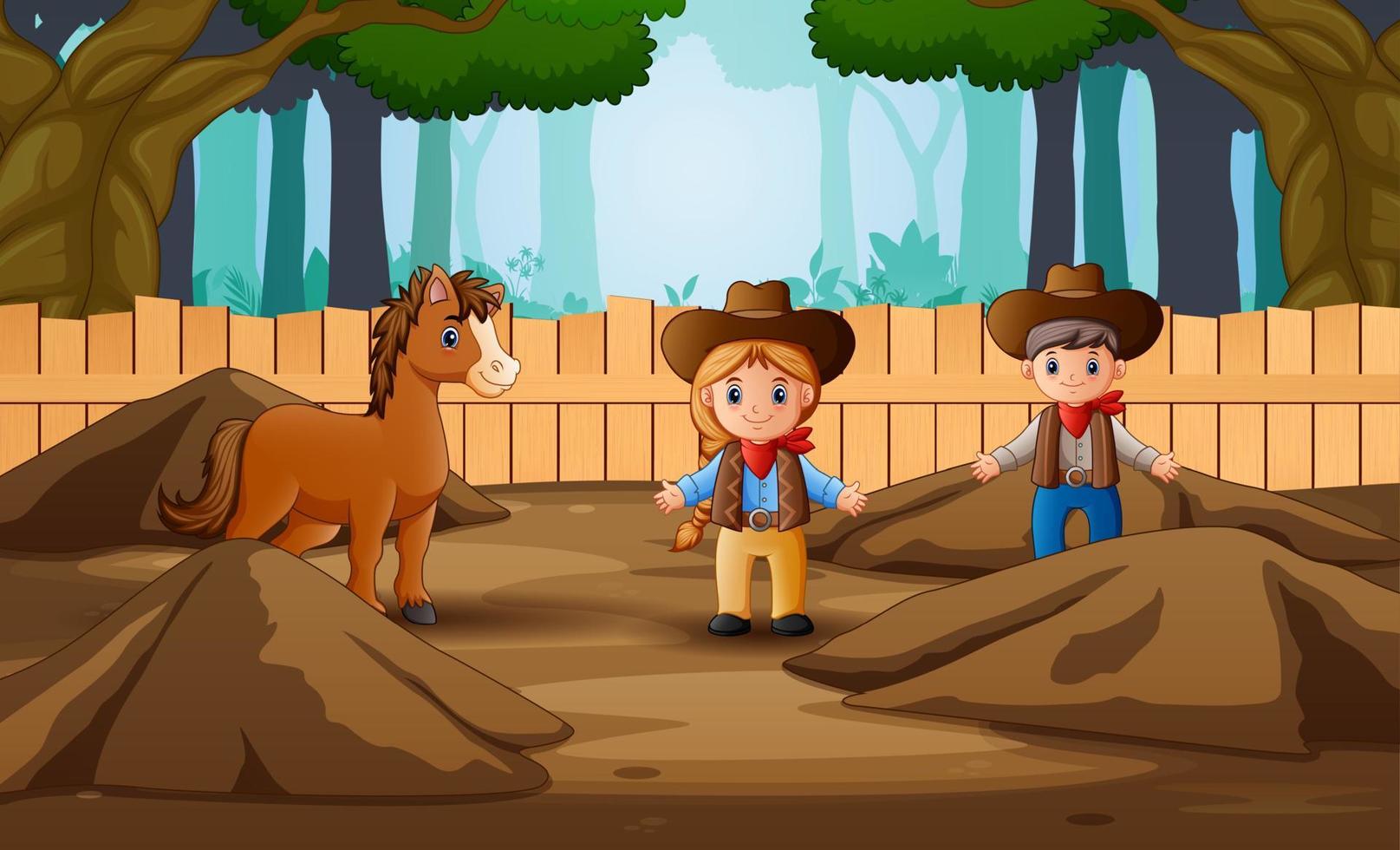 cowboy cartone animato e cowgirl nella fattoria con un cavallo vettore
