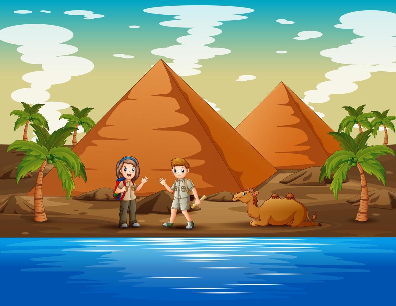 cartone animato i bambini scout accampati nel deserto vettore