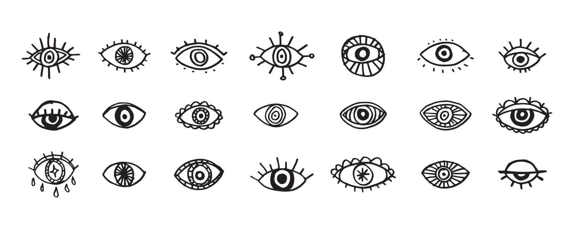 set di design boho per gli occhi. illustrazione vettoriale del contorno del malocchio. simboli disegnati a mano degli occhi per il disegno del tatuaggio.